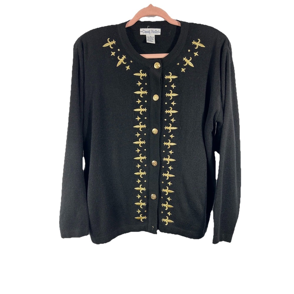 Vintage David‎ Hollis Women's Button Up Cardigan Size S Fleur De Lis Embroidered